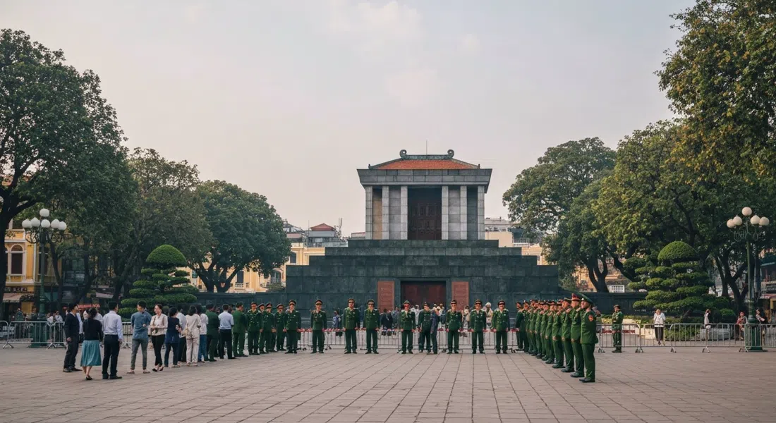 el Mausoleo de Ho Chi Minh en la plaza Ba Dinh a primera hora de la mañana, con una larga cola silenciosa y soldados rígidos en la entrada