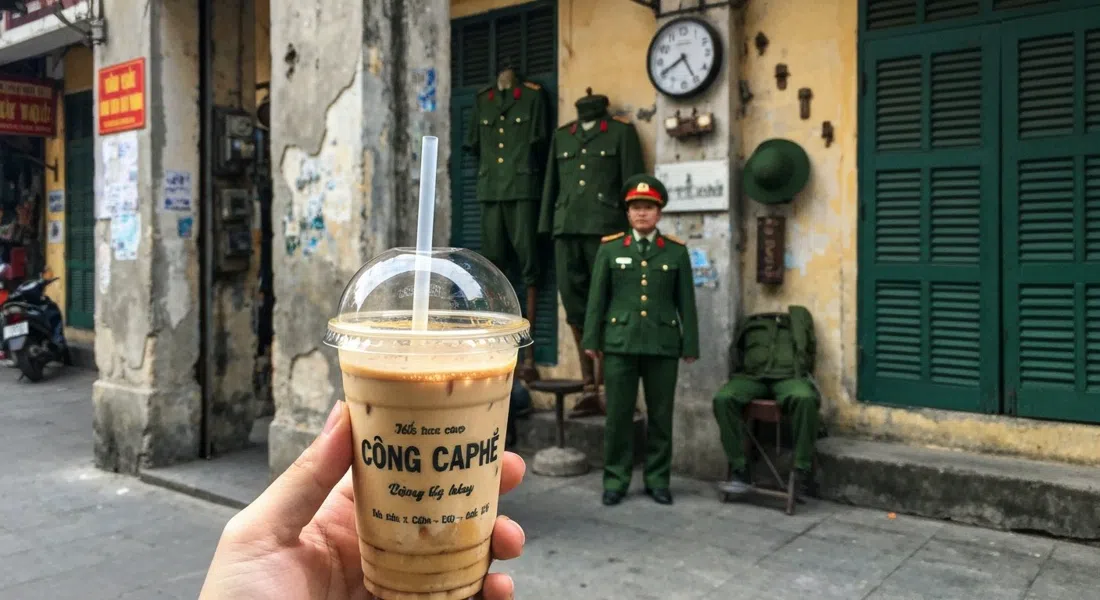 una taza de café con coco en Cong Caphe, con paredes de hormigón envejecido, uniformes verde militar y recuerdos de guerra al fondo