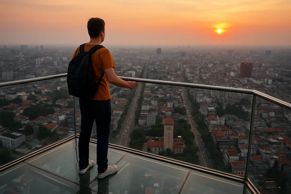 atardecer desde el Sky Lotte Observation Deck, con la pasarela de vidrio mirando directamente hacia abajo sobre Ba Dinh y la cuadrícula de la ciudad desvaneciéndose en la noche