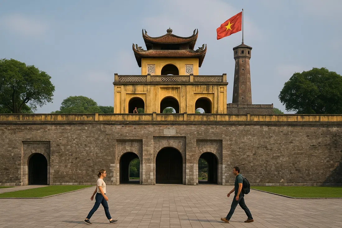 la puerta Doan Mon y la torre de la bandera en la Ciudadela Imperial de Thang Long, con muros de piedra pálida y un amplio patio histórico a la luz del día