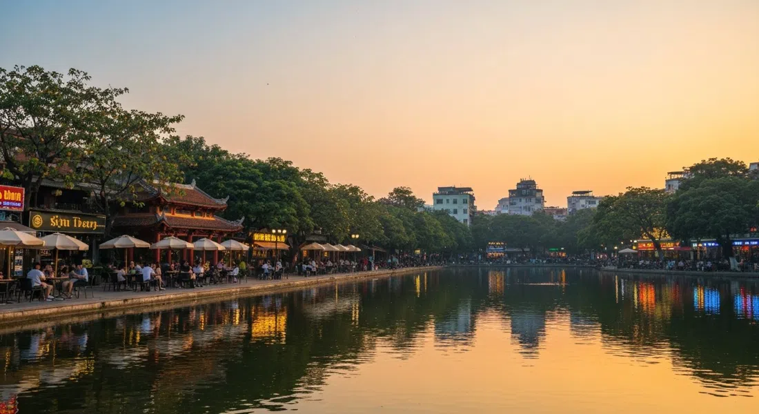Ho Tay en la hora dorada, con el amplio paseo junto al lago en Tay Ho y siluetas de cafés y árboles reflejadas en aguas tranquilas