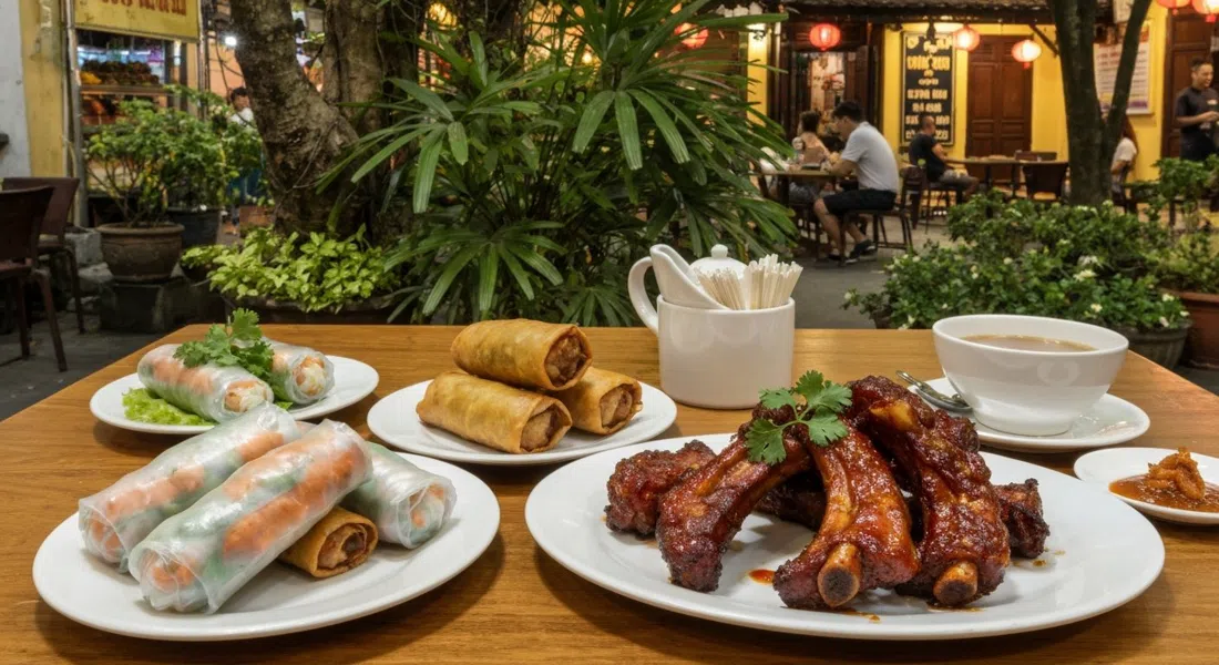 rollitos de cangrejo y costillas de cerdo laqueadas en Chao Ban en un frondoso jardín de villa en 98 To Ngoc Van, mesa al atardecer