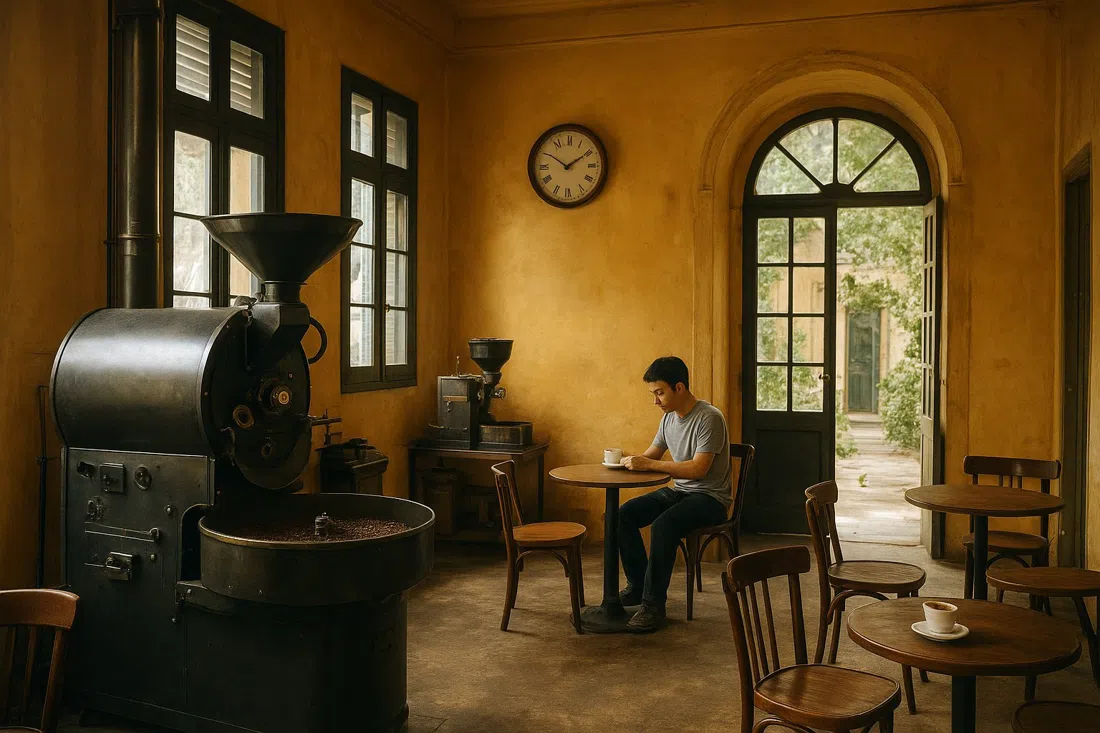 LeMarz Coffee Roastery dentro de una villa francesa amarillo antiguo en 24 To Ngoc Van, con equipo de tostado y asientos de cafetería en suave luz matutina