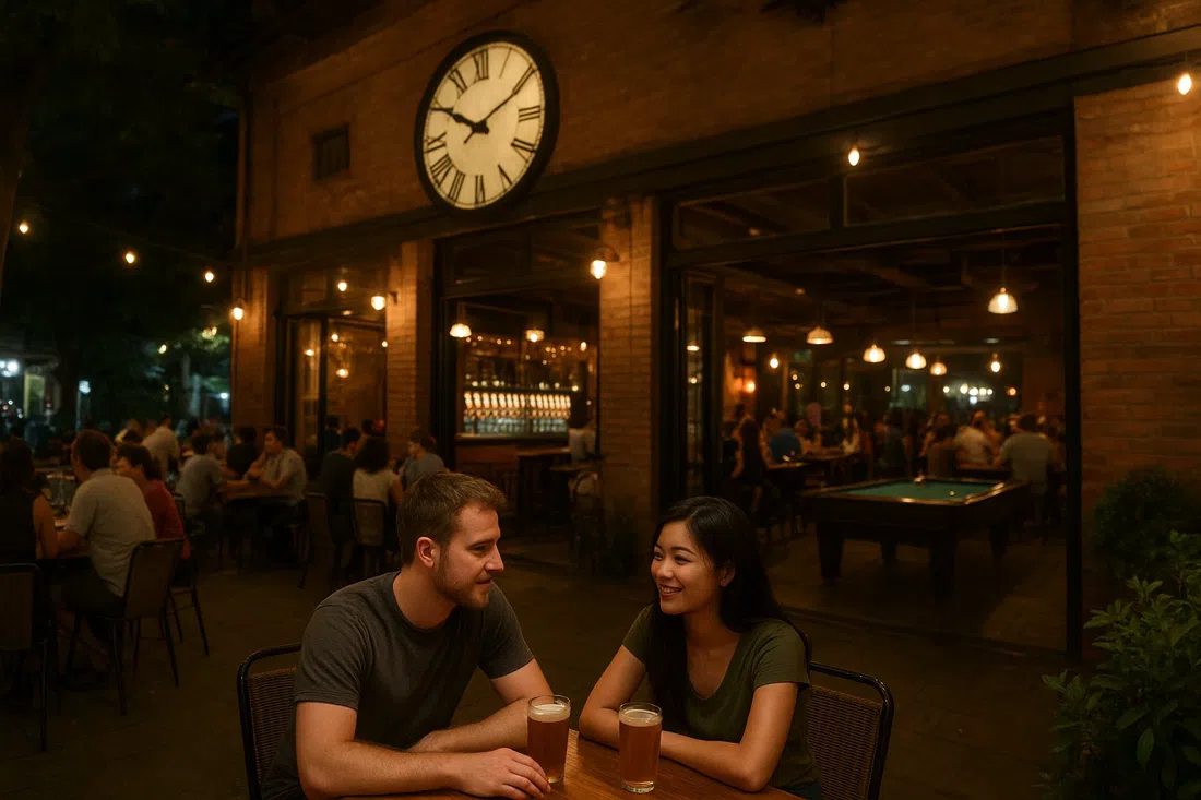 Turtle Lake Brewing Company en 105 Quang Khanh, un concurrido taproom de 250 asientos con barriles de cerveza brillantes, mesas de billar y terraza por la noche