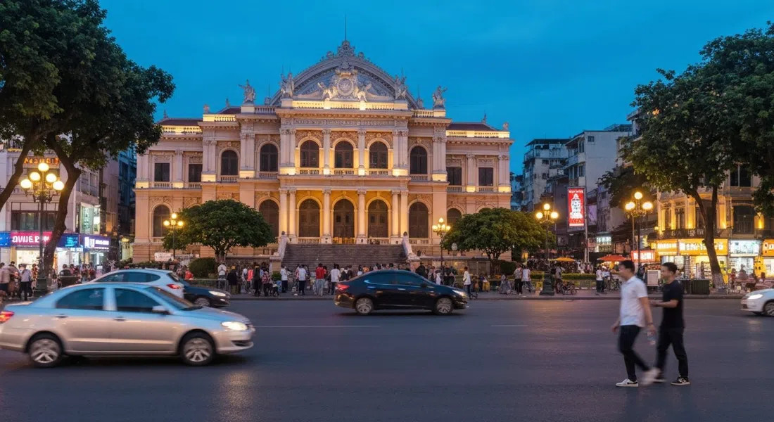 Ópera de Hanói en Trang Tien al atardecer, su fachada Beaux-Arts iluminada contra un cielo azul vespertino, con la plaza y el tráfico en primer plano