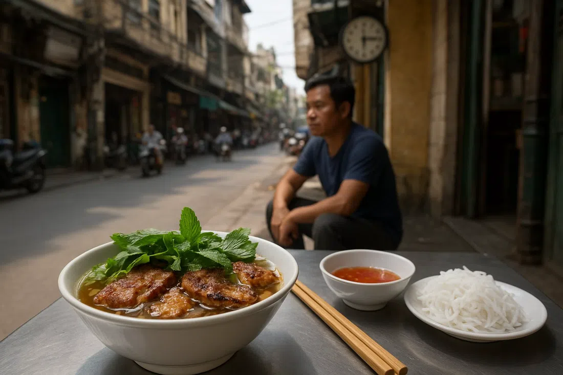 un bol humeante de bun cha con cerdo a la parrilla, hierbas y fideos en Bún Chả Hương Liên, servido en una sencilla mesa metálica bajo la brillante luz del mediodía