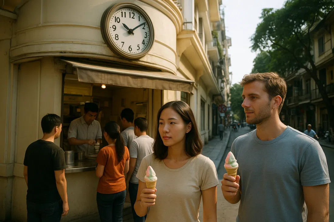Kem Trang Tien en Trang Tien con una pequeña cola en el mostrador, clientes sosteniendo cucuruchos de helado de colores pastel al atardecer