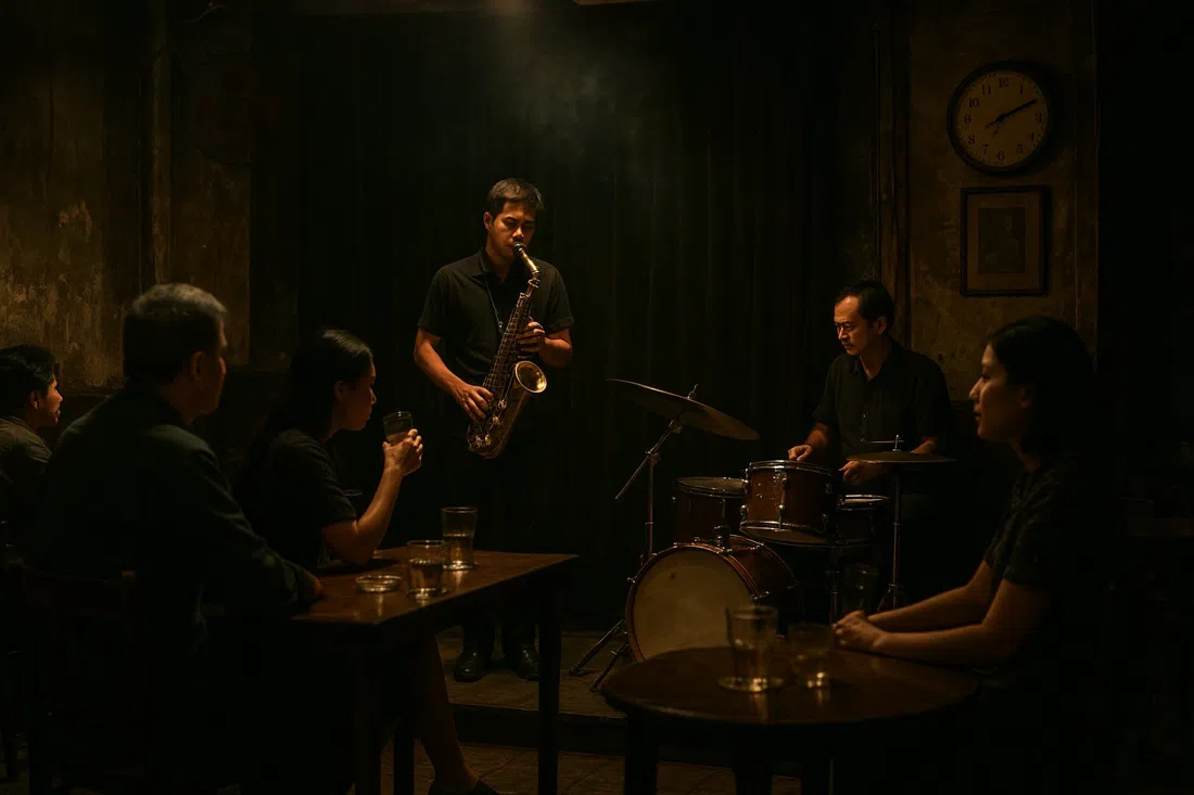 el interior íntimo y ahumado de Binh Minh Jazz Club de noche, un pequeño escenario con saxofón y batería, mesas cerca de la banda