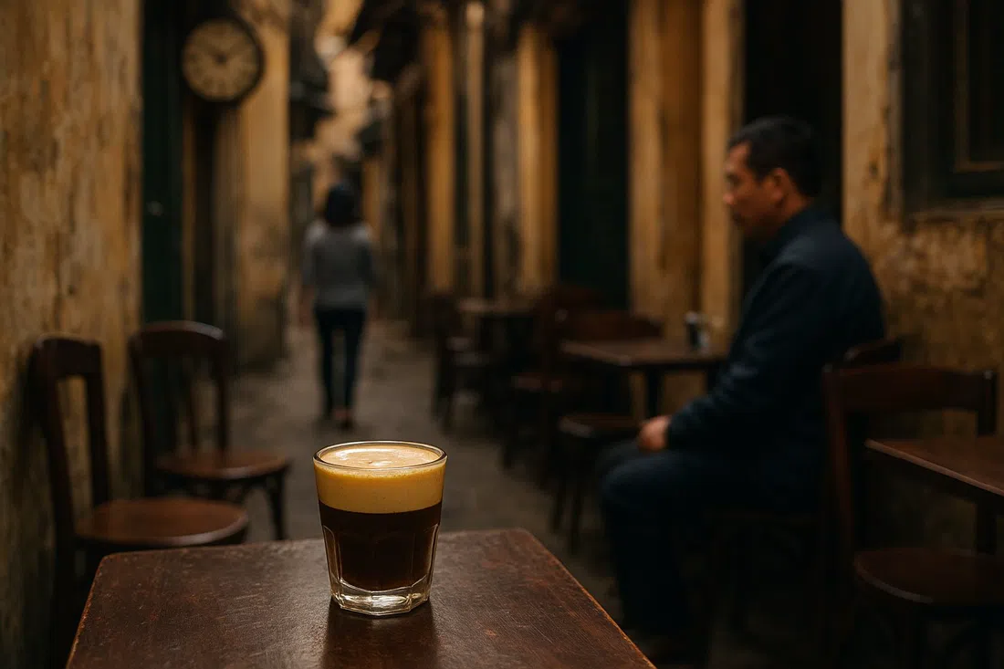 Un pequeño vaso de café con huevo de Hanói en Cafe Giang en un estrecho callejón de Nguyen Huu Huan, espuma cremosa encima, ambiente íntimo de café con poca luz