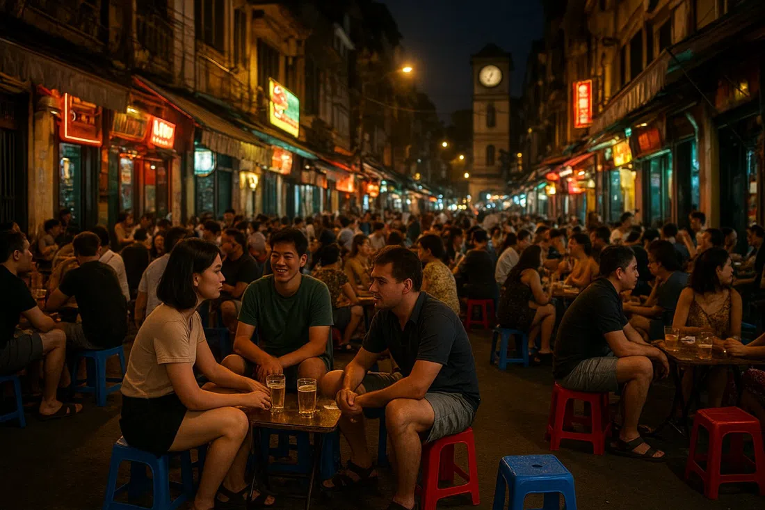 Calle de la Cerveza Ta Hien de noche cerca de la esquina de Luong Ngoc Quyen, taburetes de plástico derramándose en la calle, letreros de neón y multitud de bia hoi