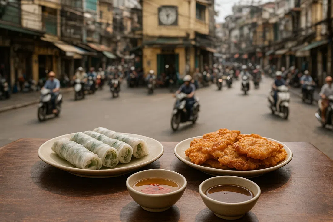 un plato de pho cuon y pho chien phong en Pho Cuon 31 en la calle Ngu Xa, mesa arriba con vistas a la concurrida calle con cuencos de nuoc cham y salsa de carne