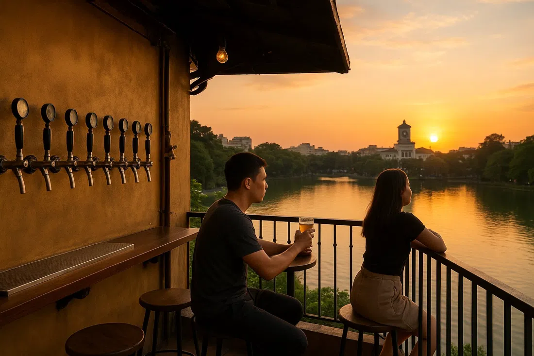 el balcón superior de Standing Bar, 170 Tran Vu, con filas de grifos rotativos en el interior y el lago Truc Bach extendiéndose más allá de la barandilla al atardecer