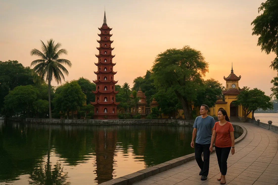 Pagoda Tran Quoc en su islote del Lago Oeste al atardecer, la estupa roja escalonada recortada contra un cielo pálido y agua en calma