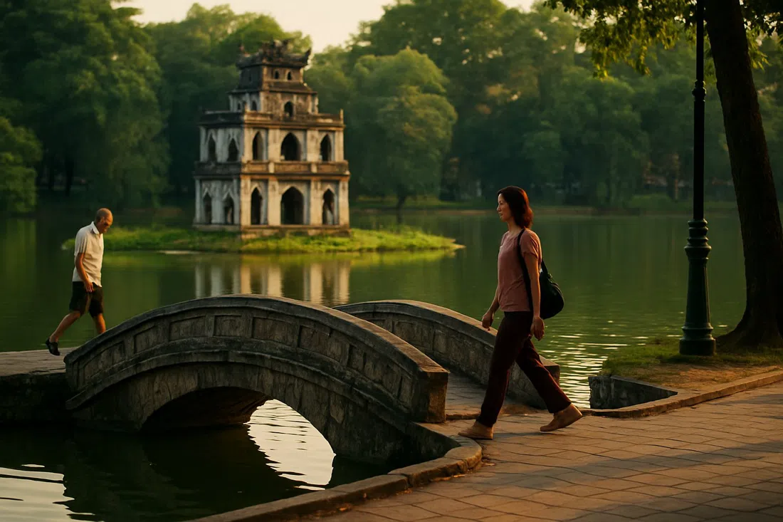 el pequeño puente de piedra hacia el Templo Thuy Trung Tien sobre aguas tranquilas del lago, con el templo aislado en un islote diminuto y luz baja de la tarde en la orilla