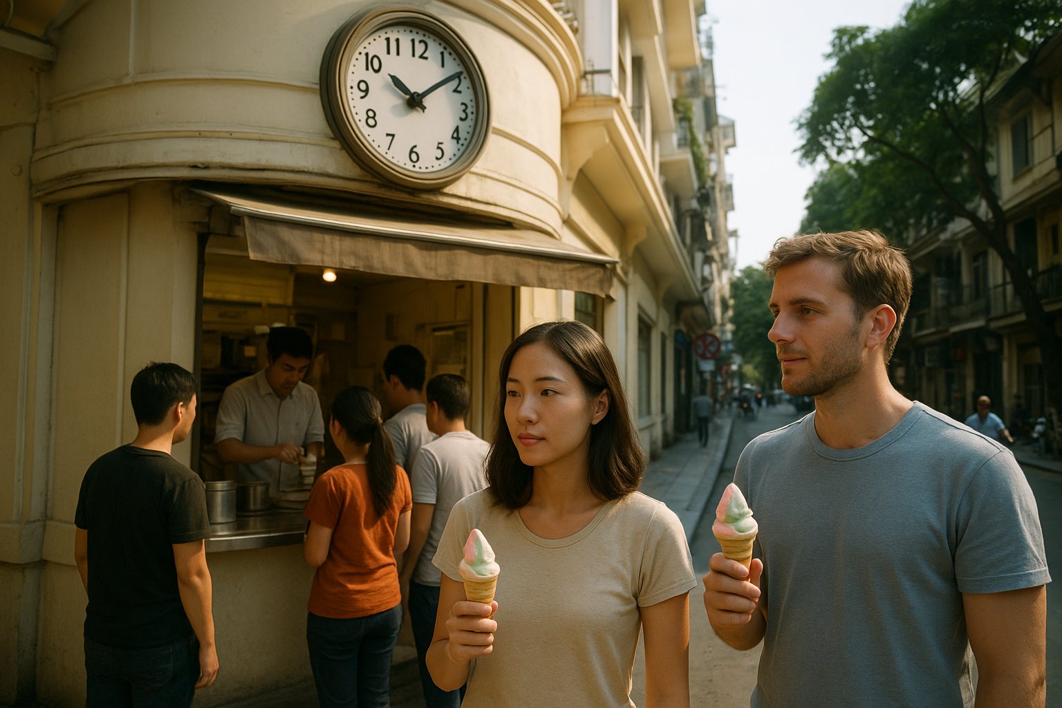 Kem Trang Tien on Trang Tien with a small queue at the counter, customers holding pastel ice-cream cones in the late afternoon