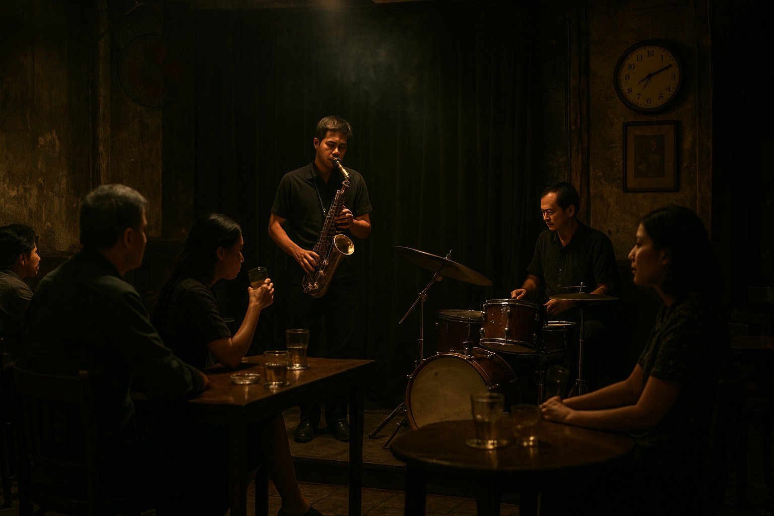 the intimate, smoky interior of Binh Minh Jazz Club at night, a small stage with saxophone and drums, audience tables close to the band